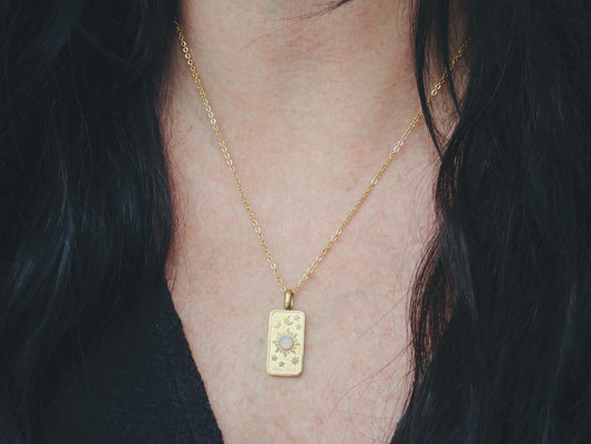 Waterproof Tarot Card Necklace – 18k Gold Fill with Opal Accent, Choose Sun, Moon, or World Pendant