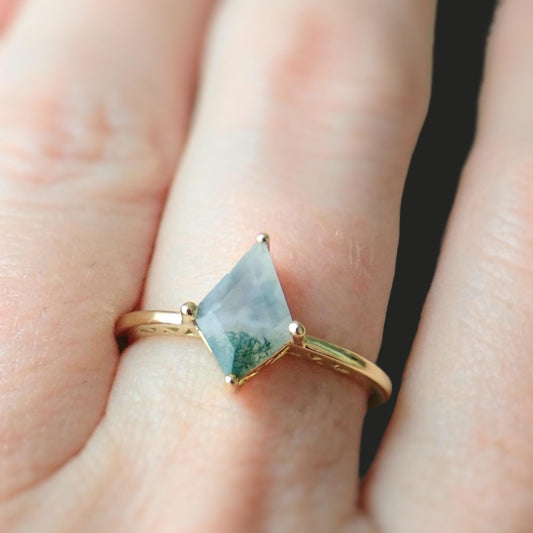 Moss Agate Ring -  Kite Shape Gemstone Ring - Gold Vermeil Crystal Ring Gold