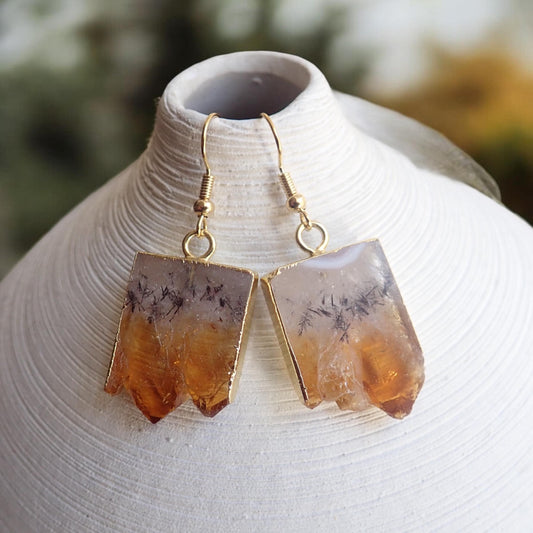 Citrine Slice Dangle Earrings -14K Gold Raw Gemstone Earrings, November Birthstone Jewelry, Boho Crystal Earrings