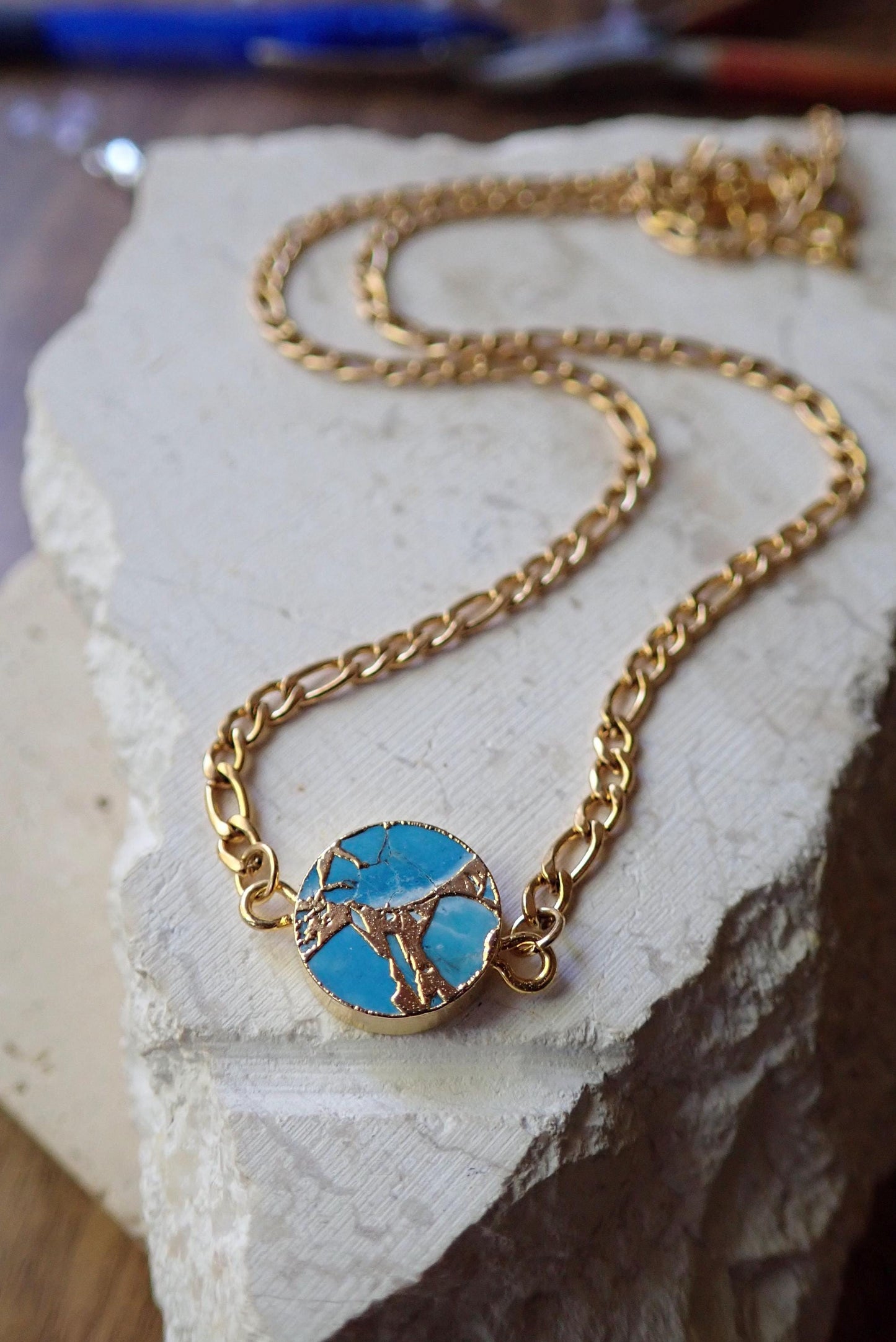 Round Mojave Turquoise Pendant Necklace • Gold Turquoise Jewelry • December Birthstone Gift • Boho Gemstone Necklace • Southwest Style