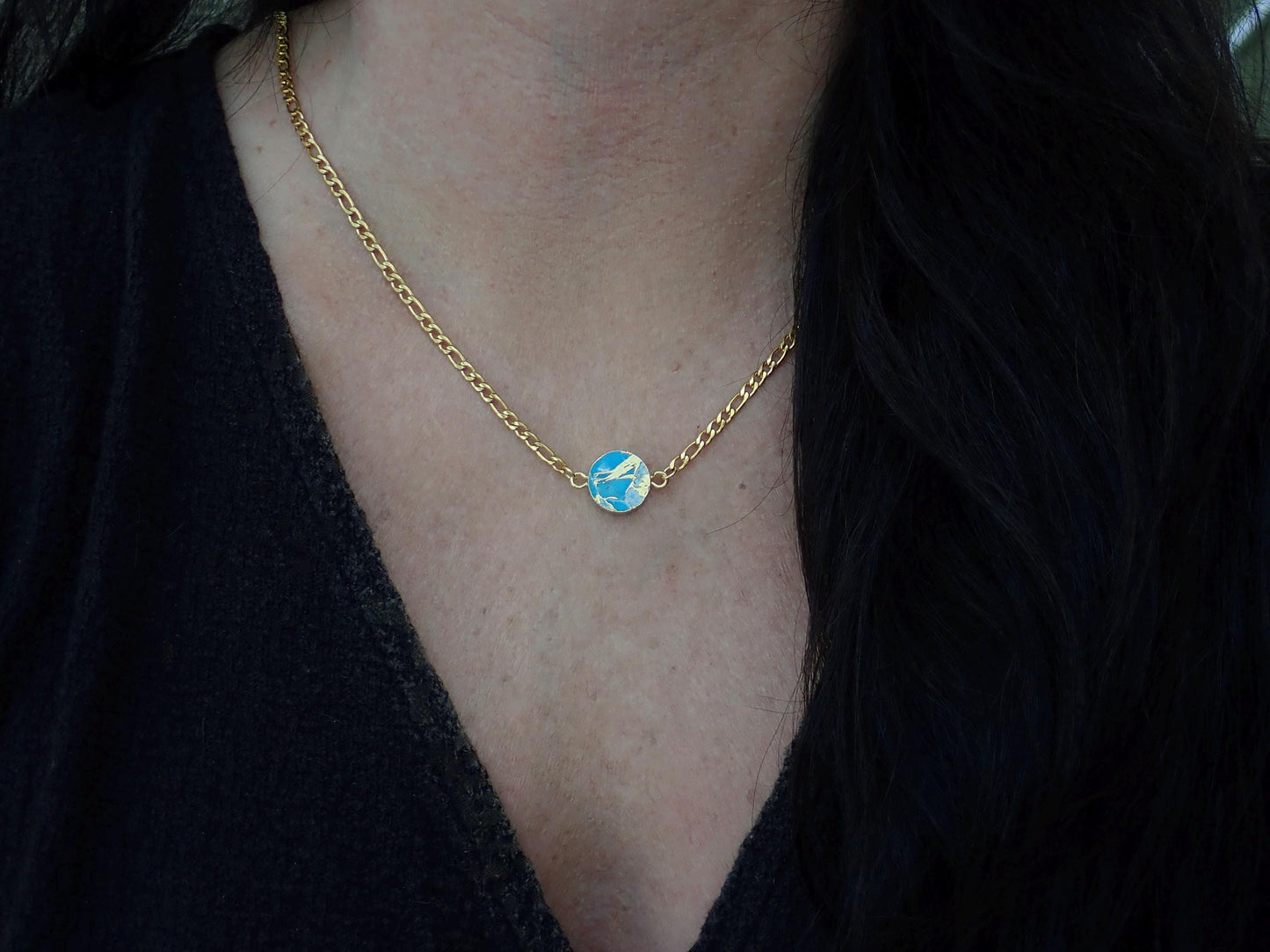 Round Mojave Turquoise Pendant Necklace • Gold Turquoise Jewelry • December Birthstone Gift • Boho Gemstone Necklace • Southwest Style