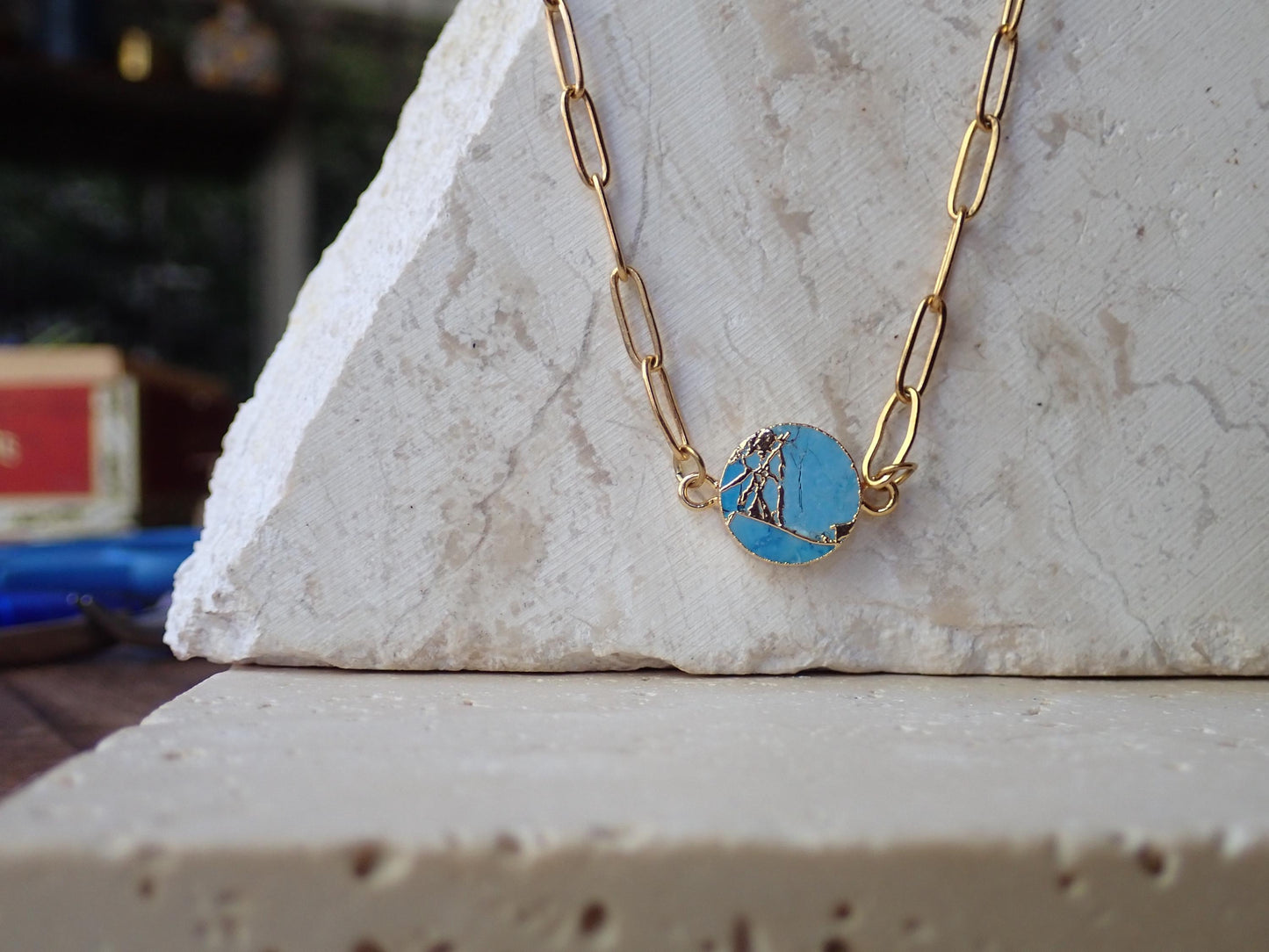 Round Mojave Turquoise Pendant Necklace • Gold Turquoise Jewelry • December Birthstone Gift • Boho Gemstone Necklace • Southwest Style