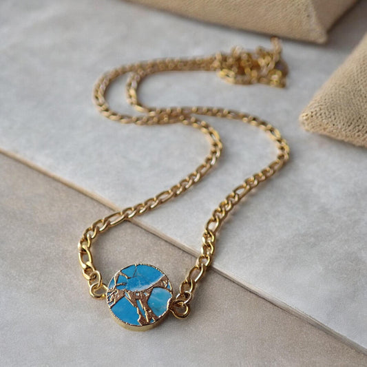 Round Mojave Turquoise Pendant Necklace • Gold Turquoise Jewelry • December Birthstone Gift • Boho Gemstone Necklace • Southwest Style