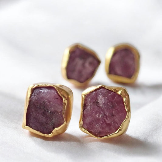 Raw Ruby Stud Earrings – Natural July Birthstone in Gold Setting-  14k Gold Vermeil Studs with Natural Gemstones
