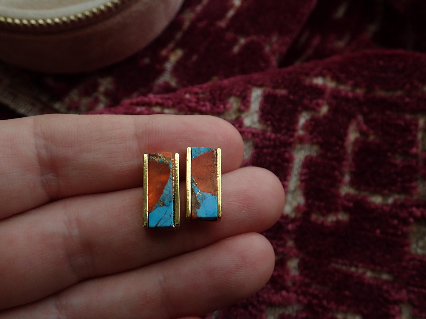 Mojave Oyster Turquoise Stud Earrings- Gold , Rectangle Bar Design, Blue and Orange
