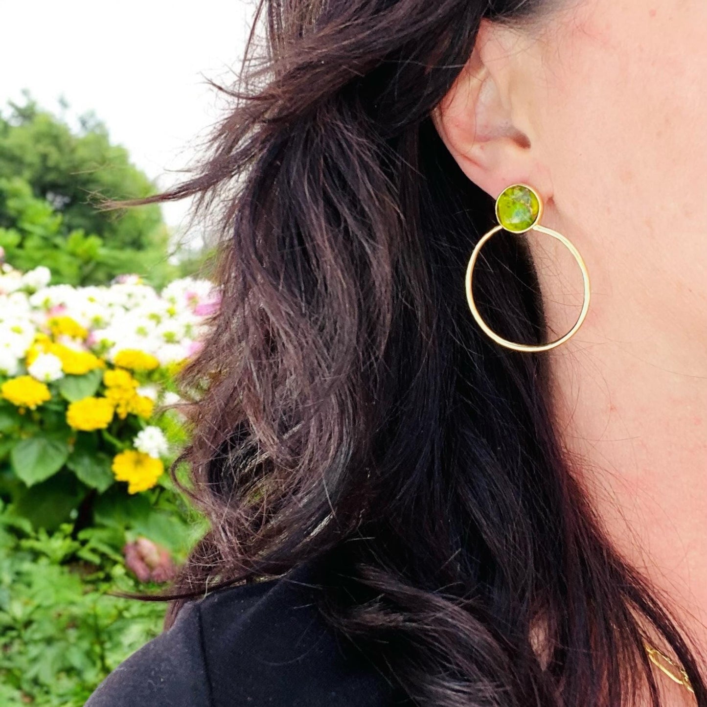 Peridot Hoop Earrings, Mojave  Earrings Gold, August Birthstone Gift, Gemstone Hoops, Jade Earrings, Boho Gemstone Jewelry,Medium Gold Hoops