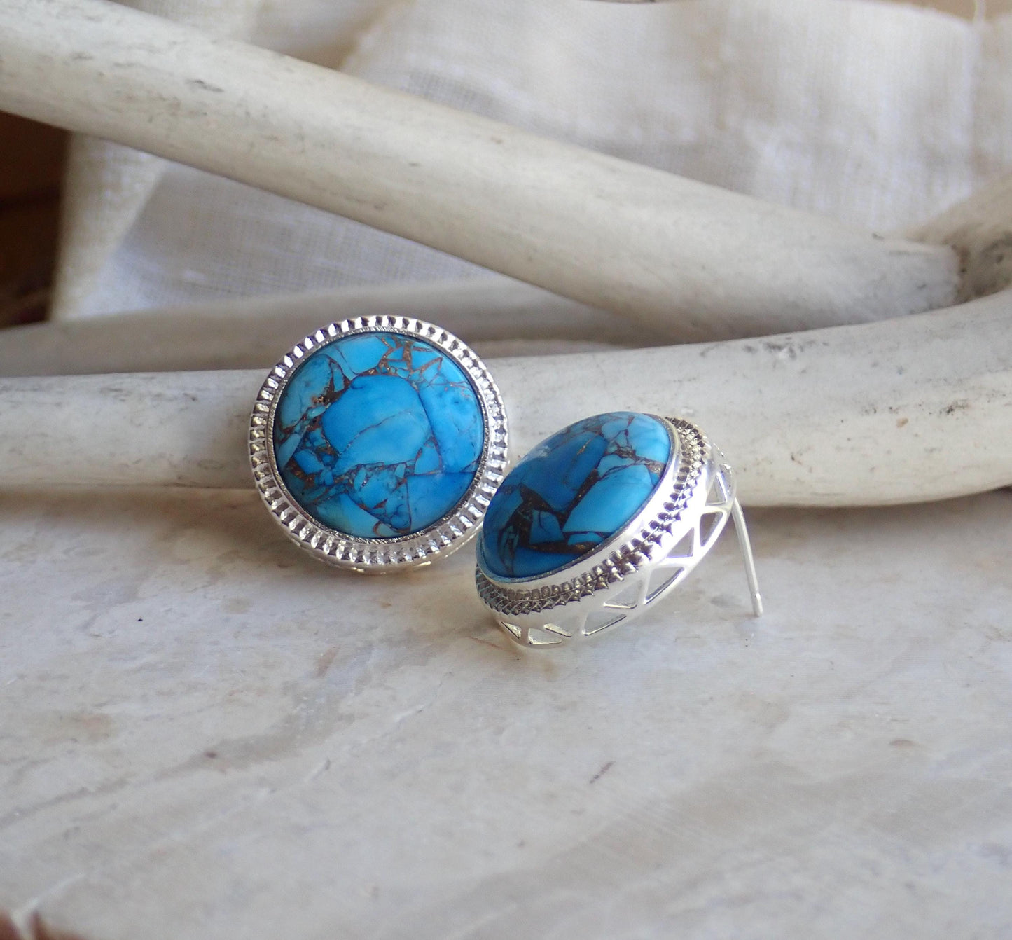 Mojave Turquoise Stud Earrings Silver, Large Statement Studs, December Birthstone Gift, Stone Post Earrings, Boho Gemstone Jewelry Gift