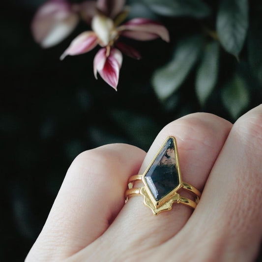 14k Gold Moss Agate Ring - Kite Shape Gemstone Ring, Double Band Gold Ring