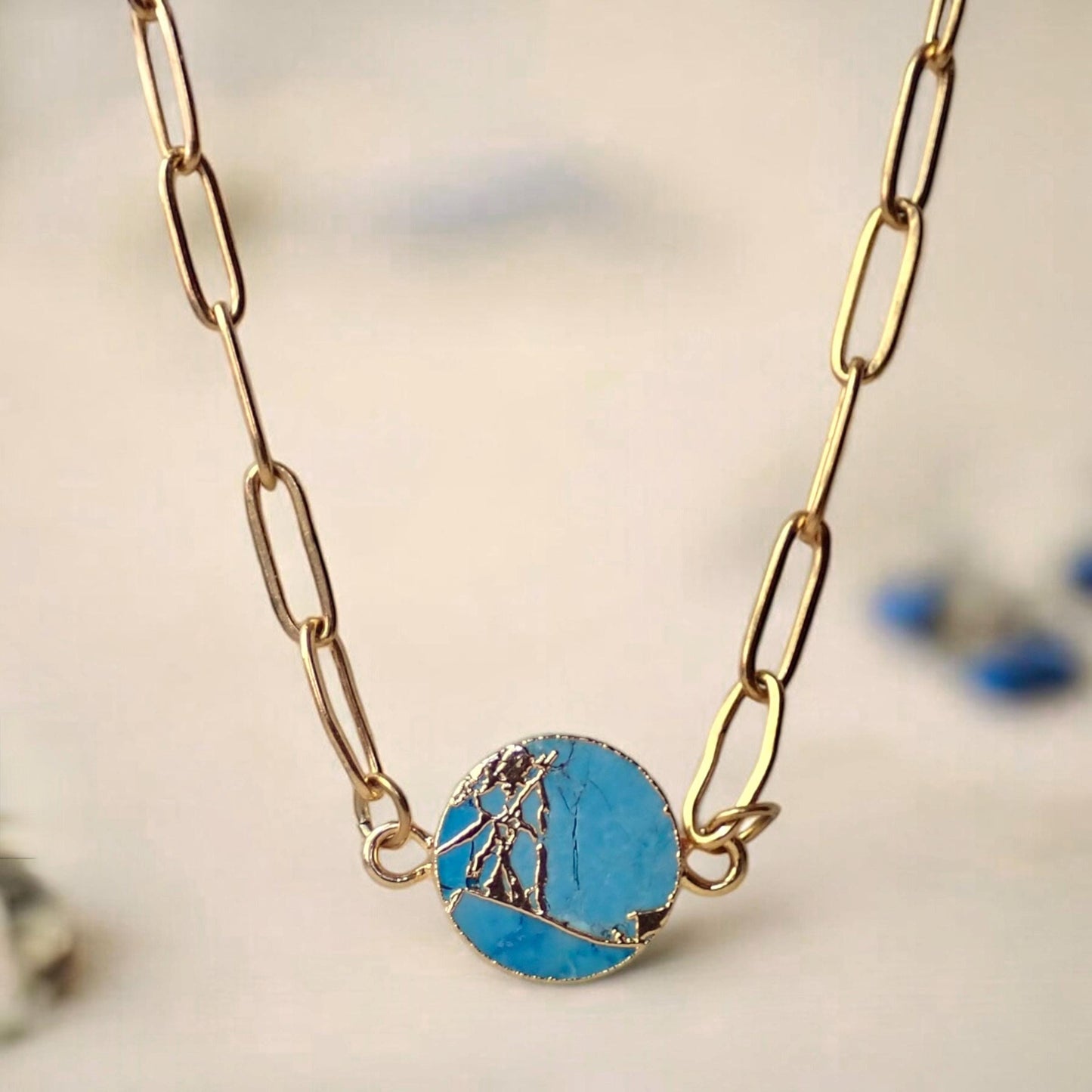 Round Mojave Turquoise Pendant Necklace • Gold Turquoise Jewelry • December Birthstone Gift • Boho Gemstone Necklace • Southwest Style