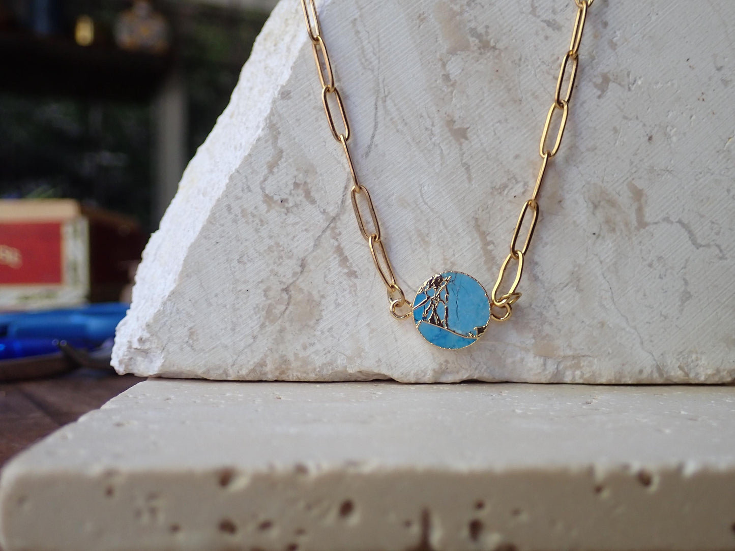 Round Mojave Turquoise Pendant Necklace • Gold Turquoise Jewelry • December Birthstone Gift • Boho Gemstone Necklace • Southwest Style
