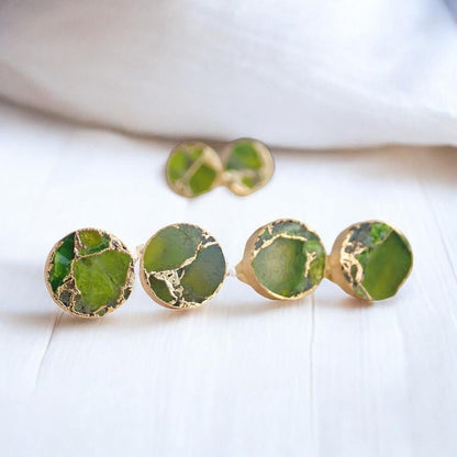 Round Peridot Green Mojave Gemstone Stud Earrings  – August Birthstone Gift for Her - Boho Kintsugi Post Earrings