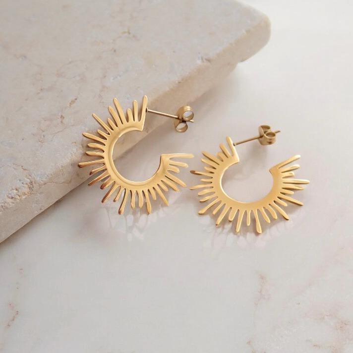 18K Gold Sunburst Hoop Earrings • Waterproof Lightweight Hoops •  Gold Filled Stainless Steel Earrings, Medium Spiked Hoops,Minimalist Hoops