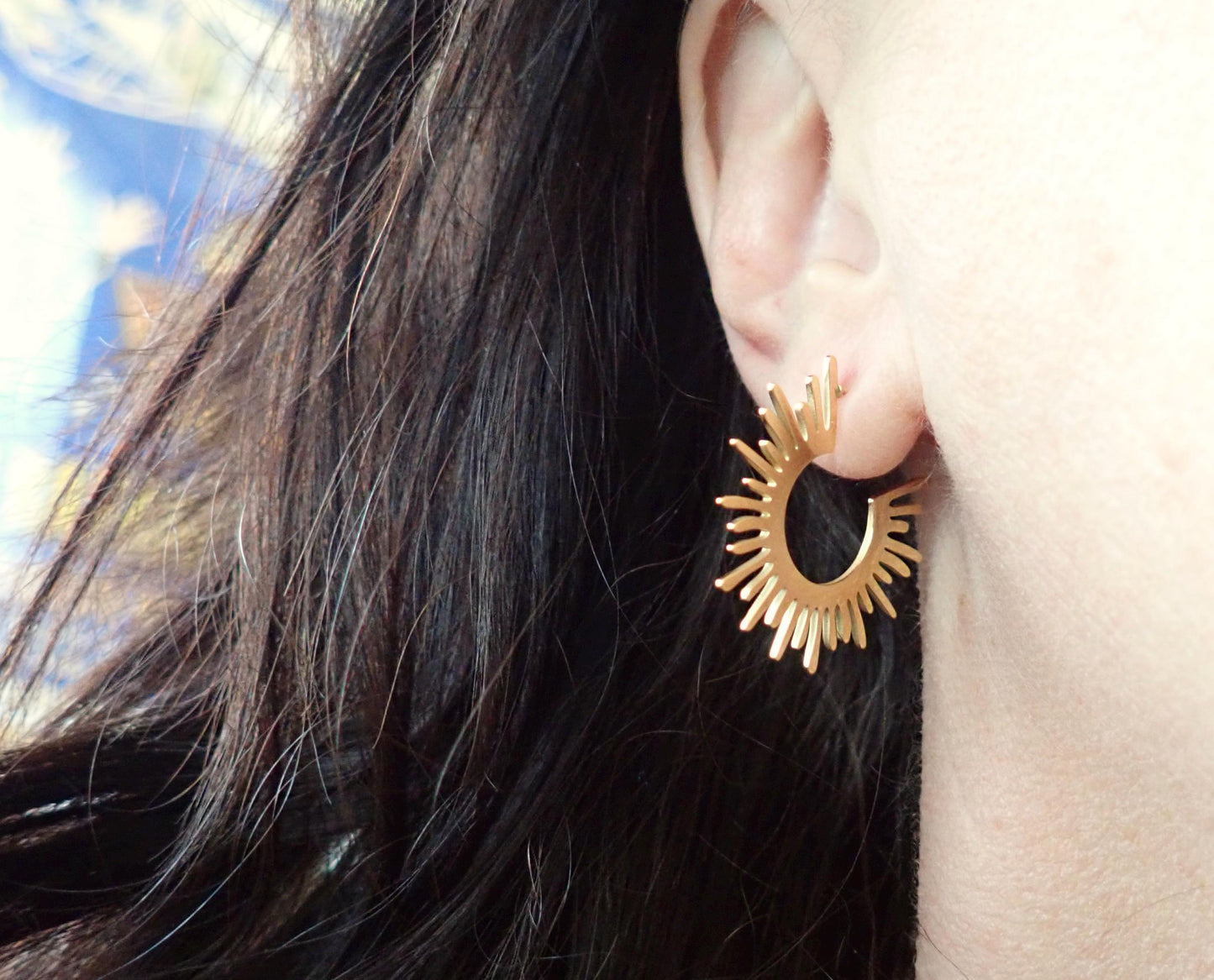 18K Gold Sunburst Hoop Earrings • Waterproof Lightweight Hoops •  Gold Filled Stainless Steel Earrings, Medium Spiked Hoops,Minimalist Hoops