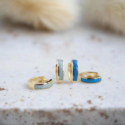 Opal Inlay Huggie Hoops, Small Opal Hoop Earrings,Dainty Gold Gemstone Hoops,Small White Opal Hoops, Opal Jewelry, October Birthstone Gift