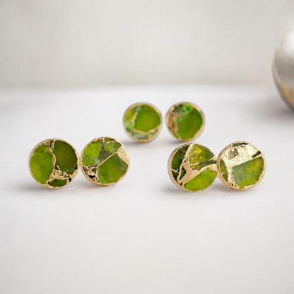 Round Peridot Green Mojave Turquoise Stud Earrings  – August Birthstone Gift for Her - Minimalist Boho Post Earrings