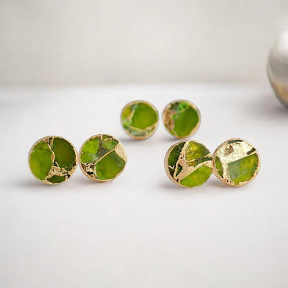 Round Peridot Green Mojave Gemstone Stud Earrings  – August Birthstone Gift for Her - Boho Kintsugi Post Earrings