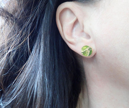 Round Peridot Green Mojave Gemstone Stud Earrings  – August Birthstone Gift for Her - Boho Kintsugi Post Earrings