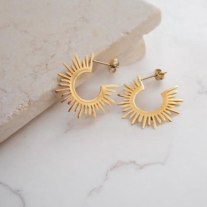 18K Gold Sunburst Hoop Earrings • Waterproof Lightweight Hoops •  Gold Filled Stainless Steel Earrings, Medium Spiked Hoops,Minimalist Hoops