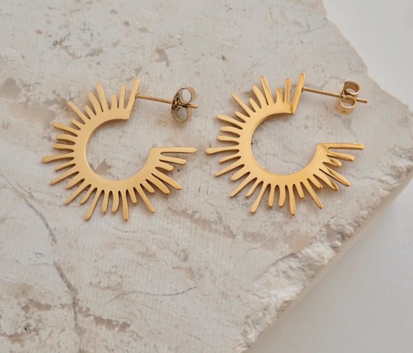 18K Gold Sunburst Hoop Earrings • Waterproof Lightweight Hoops •  Gold Filled Stainless Steel Earrings, Medium Spiked Hoops,Minimalist Hoops
