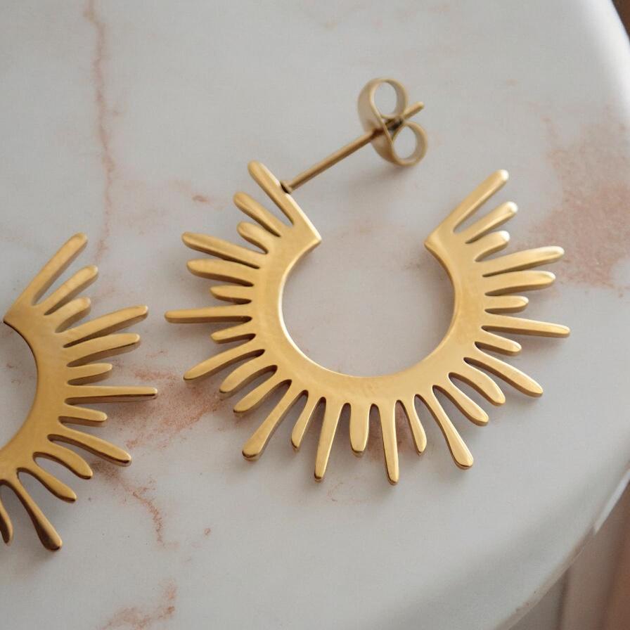 18K Gold Sunburst Hoop Earrings • Waterproof Lightweight Hoops •  Gold Filled Stainless Steel Earrings, Medium Spiked Hoops,Minimalist Hoops