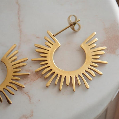 18K Gold Sunburst Hoop Earrings • Waterproof Lightweight Hoops •  Gold Filled Stainless Steel Earrings, Medium Spiked Hoops,Minimalist Hoops