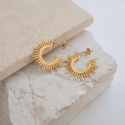 18K Gold Sunburst Hoop Earrings • Waterproof Lightweight Hoops •  Gold Filled Stainless Steel Earrings, Medium Spiked Hoops,Minimalist Hoops