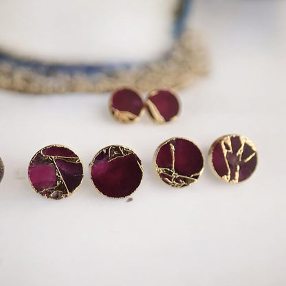 Berry Garnet Stud Earrings – Round Electroformed Gemstone Studs with Gold Veining | Boho Minimalist Jewelry, January Birthstone Gift for Her