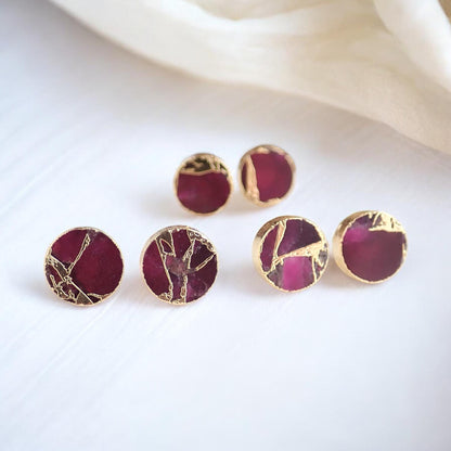 Berry Garnet Stud Earrings – Round Electroformed Gemstone Studs with Gold Veining | Boho Minimalist Jewelry, January Birthstone Gift for Her