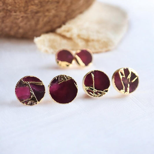 Berry Garnet Stud Earrings – Round Electroformed Gemstone Studs with Gold Veining | Boho Minimalist Jewelry, January Birthstone Gift for Her