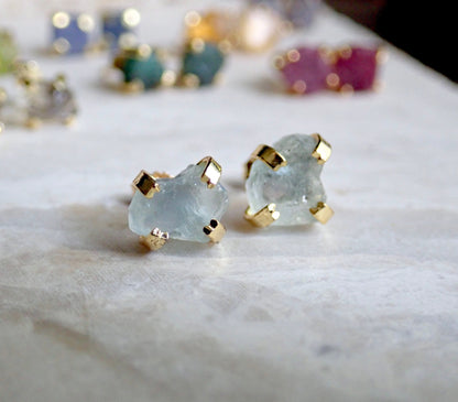Raw Aquamarine Stud Earrings • Natural Gemstone Earrings, 14k Gold Studs, March Birthstone, Raw Crystal Jewelry, Minimalist Gift for Her
