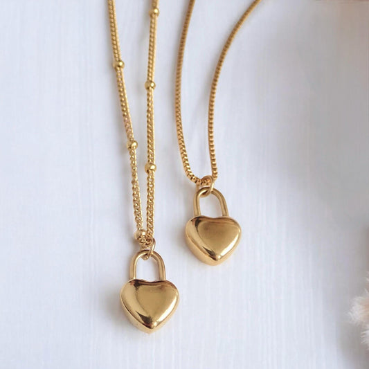 Dainty Puffy Gold Heart Charm Necklace •Waterproof Gold Heart Padlock Necklace •  18k Gold PVD Tarnish Proof Jewelry, Satellite Chain Gift