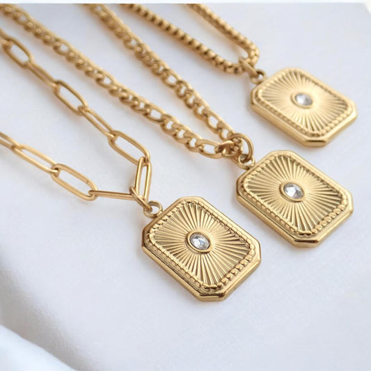 Gold Sunburst Medallion Necklace • Waterproof  Tarnish-Proof 18k Gold Necklace, Vintage Style CZ Pendant,Gold Fill Paperclip or Figaro Chain