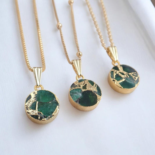 Emerald  Jade Necklace Gold, Green Crystal Coin Pendant, Mojave Gemstone Necklace, May Birthstone Gift for Her, Dainty Minimalist Jewelry