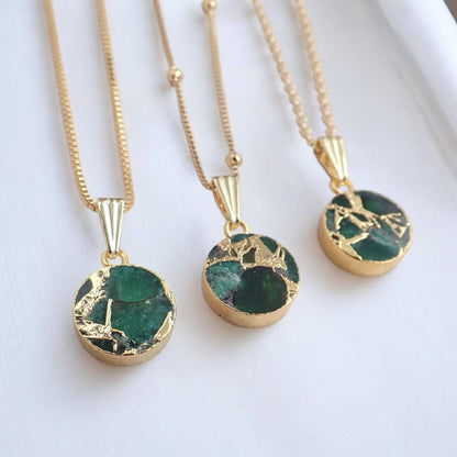 Emerald  Jade Necklace Silver, Green Crystal Coin Pendant, Mojave Gemstone Necklace, May Birthstone Gift for Her