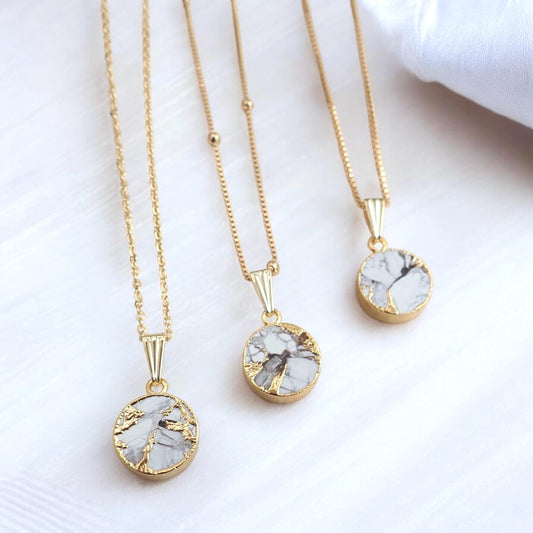 White Turquoise Necklace Gold, Mojave Turquoise Necklace, Gemstone Coin Pendant, December Birthstone Gift for Her, Dainty Minimalist Jewelry