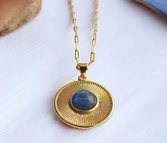 Blue Tiger Eye Sunburst Necklace  • Radiant Gold Fill Medallion Necklace • Blue Gemstone Pendant with Paperclip Chain • Gift for Her