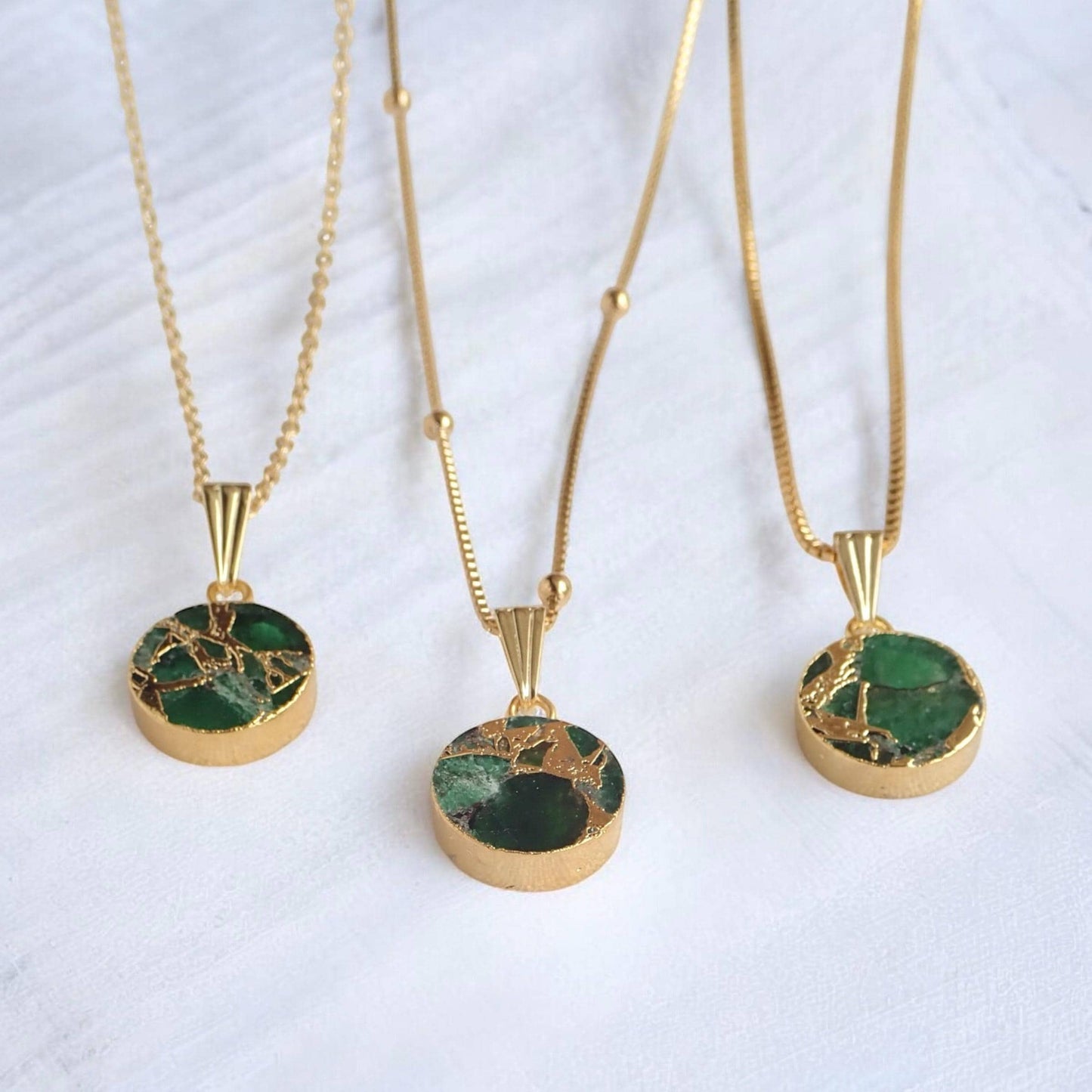 Emerald  Jade Necklace Silver, Green Crystal Coin Pendant, Mojave Gemstone Necklace, May Birthstone Gift for Her