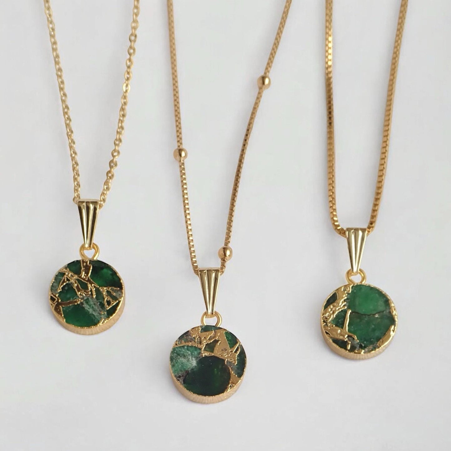 Emerald  Jade Necklace Silver, Green Crystal Coin Pendant, Mojave Gemstone Necklace, May Birthstone Gift for Her