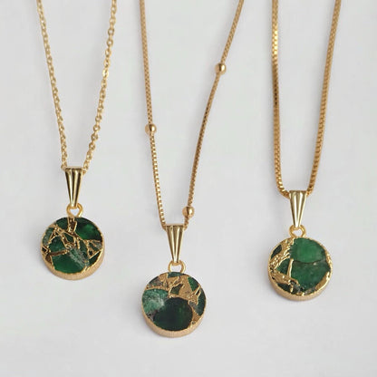 Emerald  Jade Necklace Silver, Green Crystal Coin Pendant, Mojave Gemstone Necklace, May Birthstone Gift for Her
