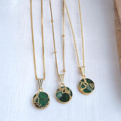 Emerald  Jade Necklace Silver, Green Crystal Coin Pendant, Mojave Gemstone Necklace, May Birthstone Gift for Her