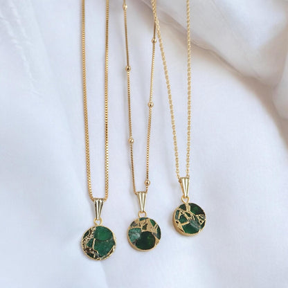 Emerald  Jade Necklace Silver, Green Crystal Coin Pendant, Mojave Gemstone Necklace, May Birthstone Gift for Her