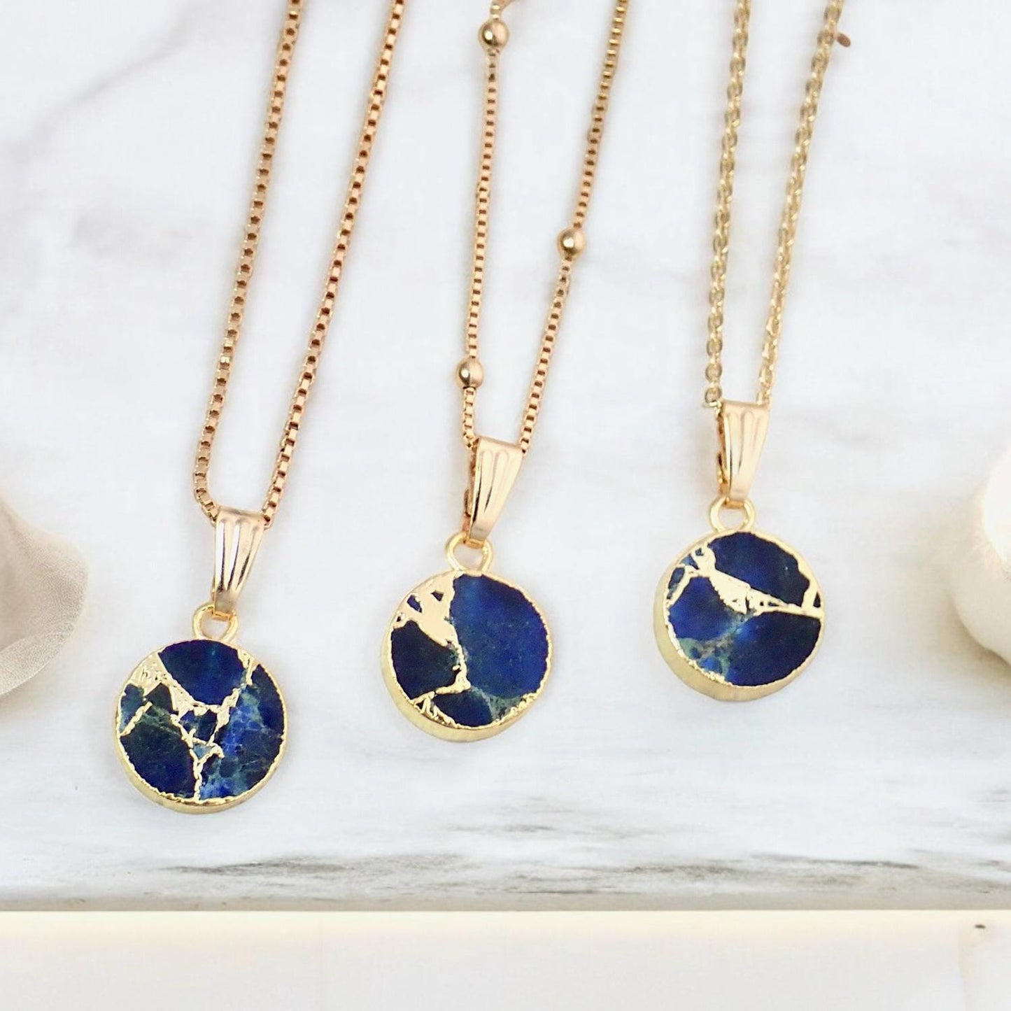 Sapphire Mojave Necklace Silver, Blue Gemstone Coin Necklace, May Birthstone Gift for Her, Kintsugi Inspired