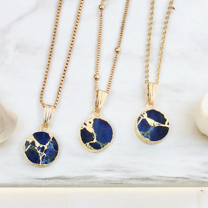 Sapphire Mojave Necklace Silver, Blue Gemstone Coin Necklace, May Birthstone Gift for Her, Kintsugi Inspired