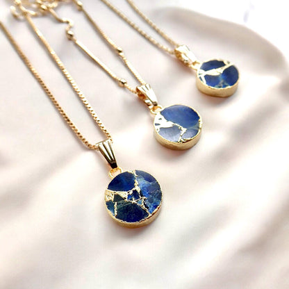 Sapphire Mojave Necklace Silver, Blue Gemstone Coin Necklace, May Birthstone Gift for Her, Kintsugi Inspired