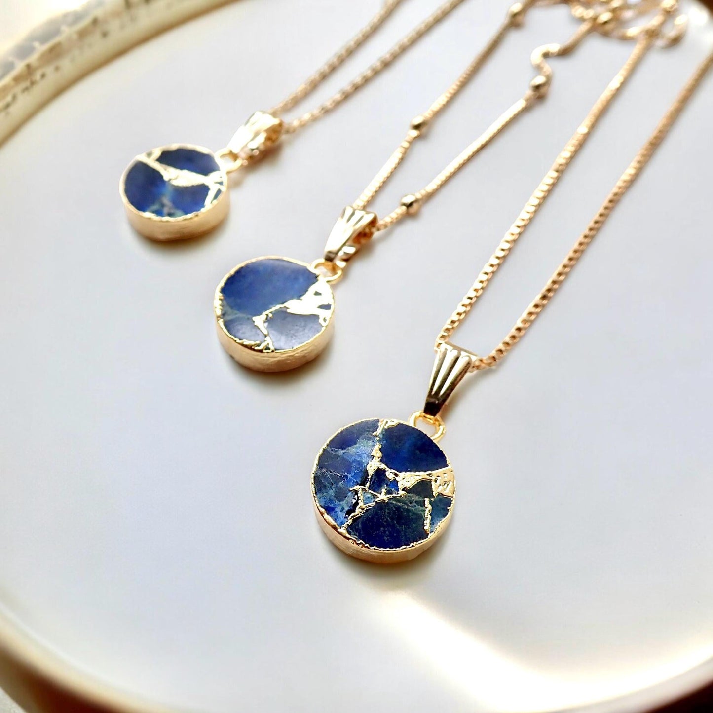 Sapphire Mojave Necklace Silver, Blue Gemstone Coin Necklace, May Birthstone Gift for Her, Kintsugi Inspired