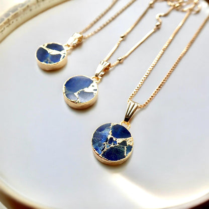 Sapphire Mojave Necklace Silver, Blue Gemstone Coin Necklace, May Birthstone Gift for Her, Kintsugi Inspired