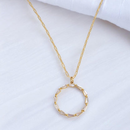 Gold Fill Eternity Necklace with  Baguette Crystals,  Halo Circle Pendant, Dainty Minimalist Jewelry, Gift for Her Everyday Elegant Gift