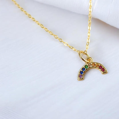Dainty Rainbow Necklace in 18k Gold, Multi Gemstone Arc Pendant, Pride Jewelry, Colorful Crystal Jewelry Gift for Her, Minimalist Necklace