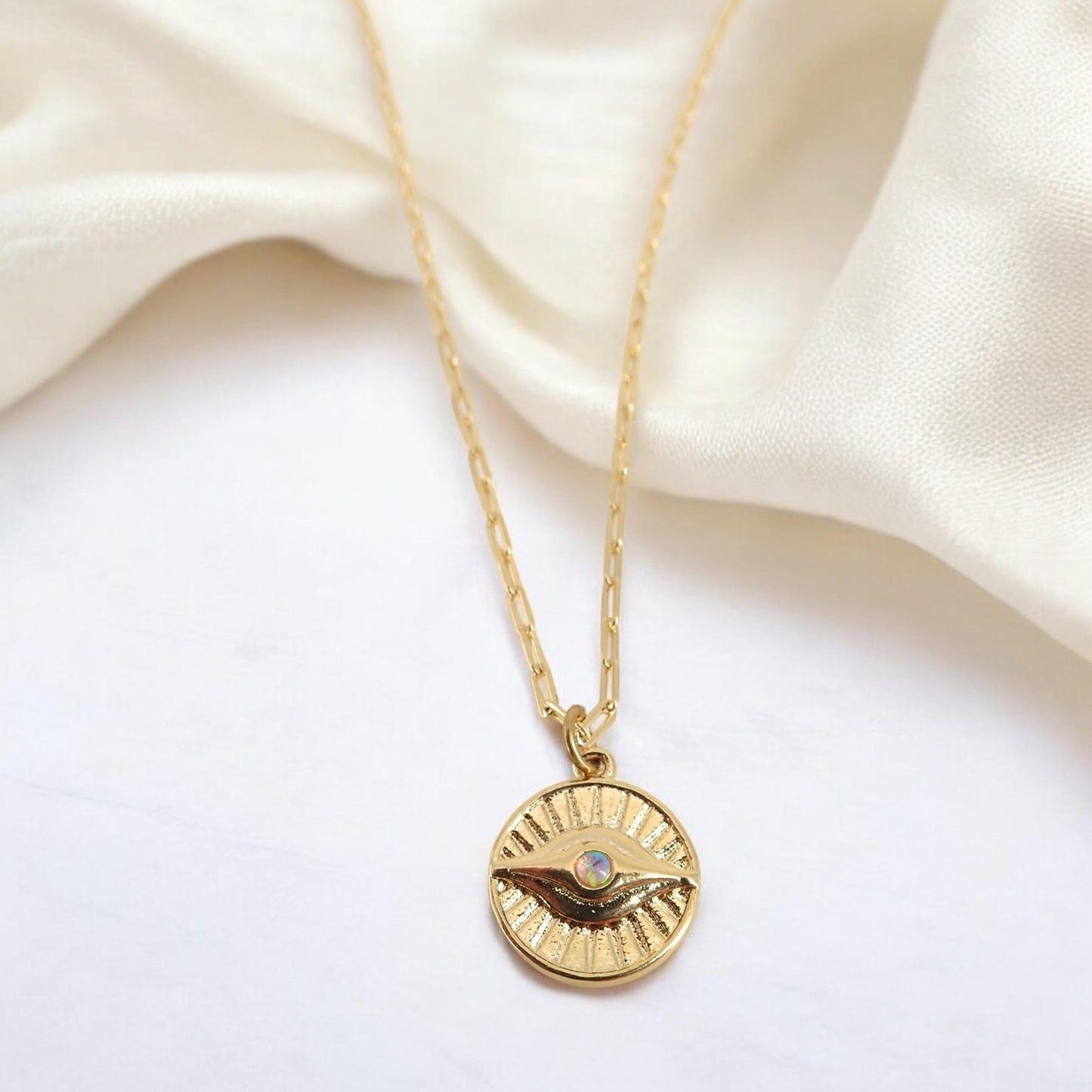 Gold Evil Eye Necklace – Sunburst Opal Charm, Dainty Medallion Necklace, October Birthstone, Celestial Protection Jewelry, Gold Fill Chain