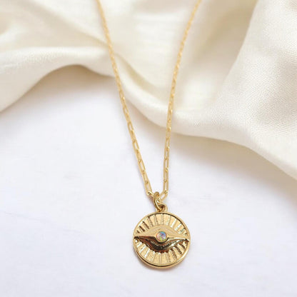 Gold Evil Eye Necklace – Sunburst Opal Charm, Dainty Medallion Necklace, October Birthstone, Celestial Protection Jewelry, Gold Fill Chain